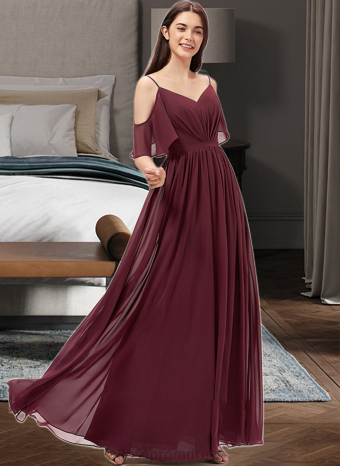 Patti A-line V-Neck Floor-Length Chiffon Bridesmaid Dress With Ruffle SRSP0013031