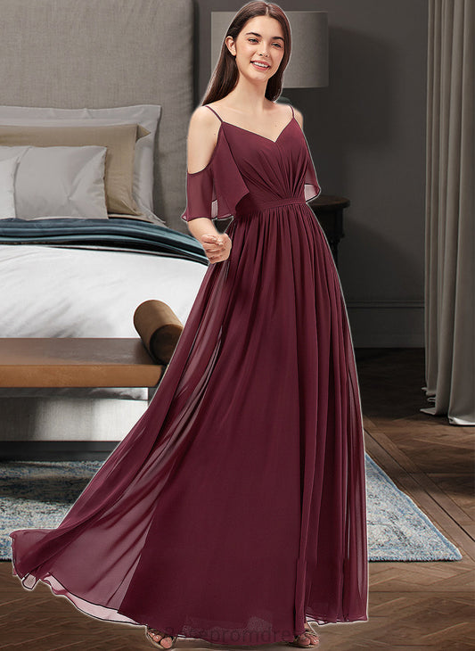 Patti A-line V-Neck Floor-Length Chiffon Bridesmaid Dress With Ruffle SRSP0013031