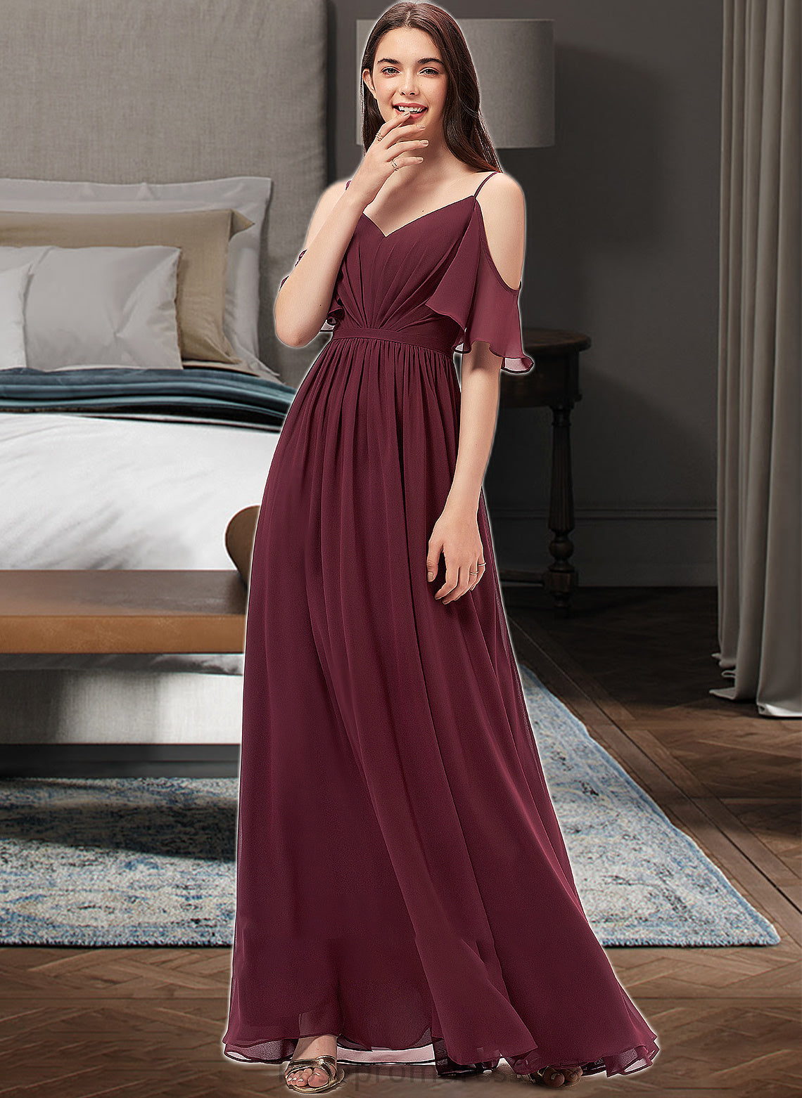 Patti A-line V-Neck Floor-Length Chiffon Bridesmaid Dress With Ruffle SRSP0013031