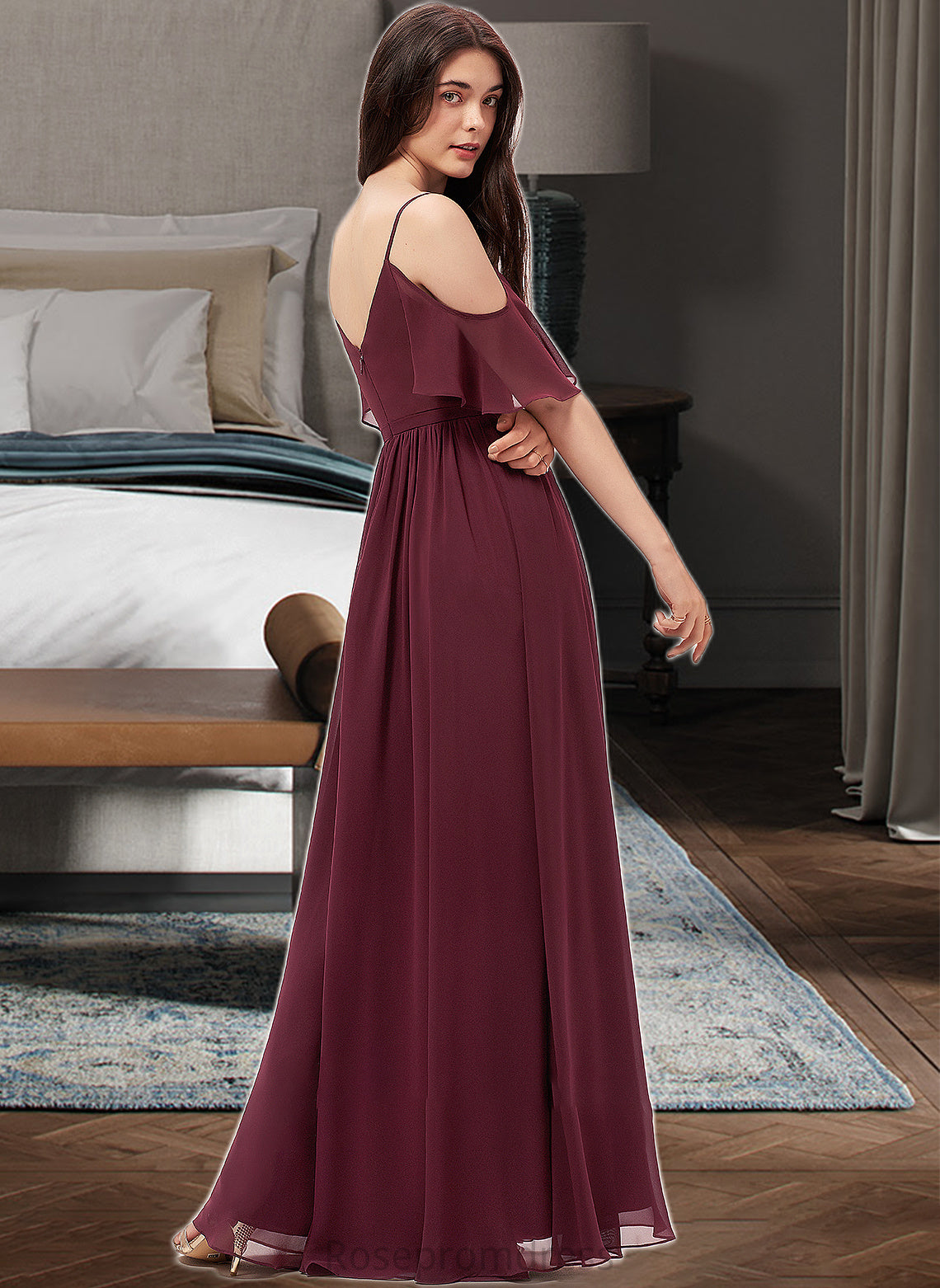 Patti A-line V-Neck Floor-Length Chiffon Bridesmaid Dress With Ruffle SRSP0013031
