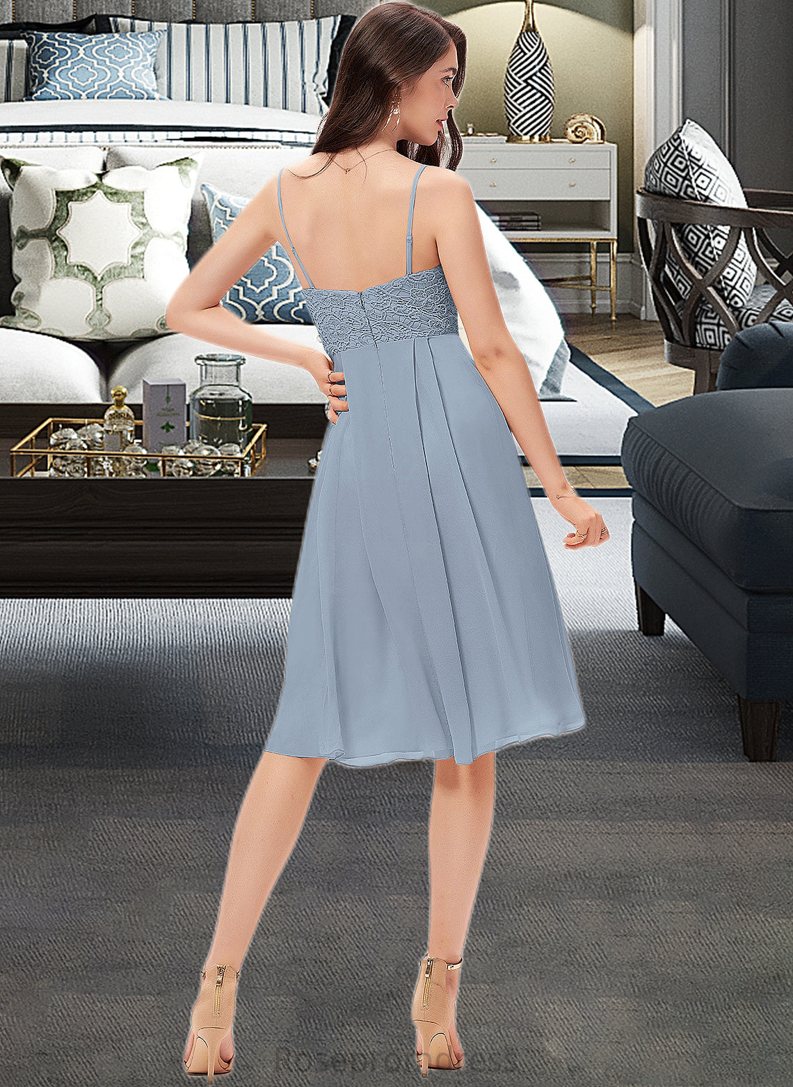 Adyson A-Line V-neck Knee-Length Chiffon Lace Bridesmaid Dress SRSP0013032