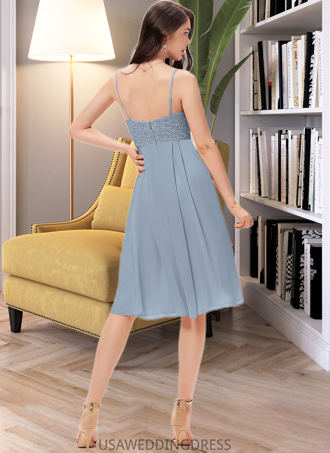 Izabelle A-Line V-neck Knee-Length Chiffon Lace Bridesmaid Dress DSP0013032