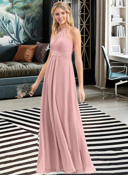 Ruby A-Line Scoop Neck Floor-Length Chiffon Bridesmaid Dress With Bow(s) Cascading Ruffles SRSP0013033