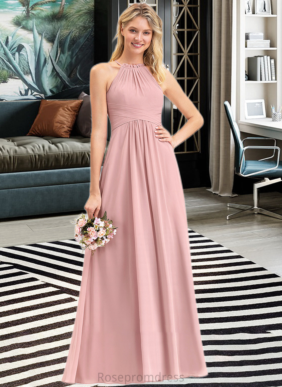 Ruby A-Line Scoop Neck Floor-Length Chiffon Bridesmaid Dress With Bow(s) Cascading Ruffles SRSP0013033