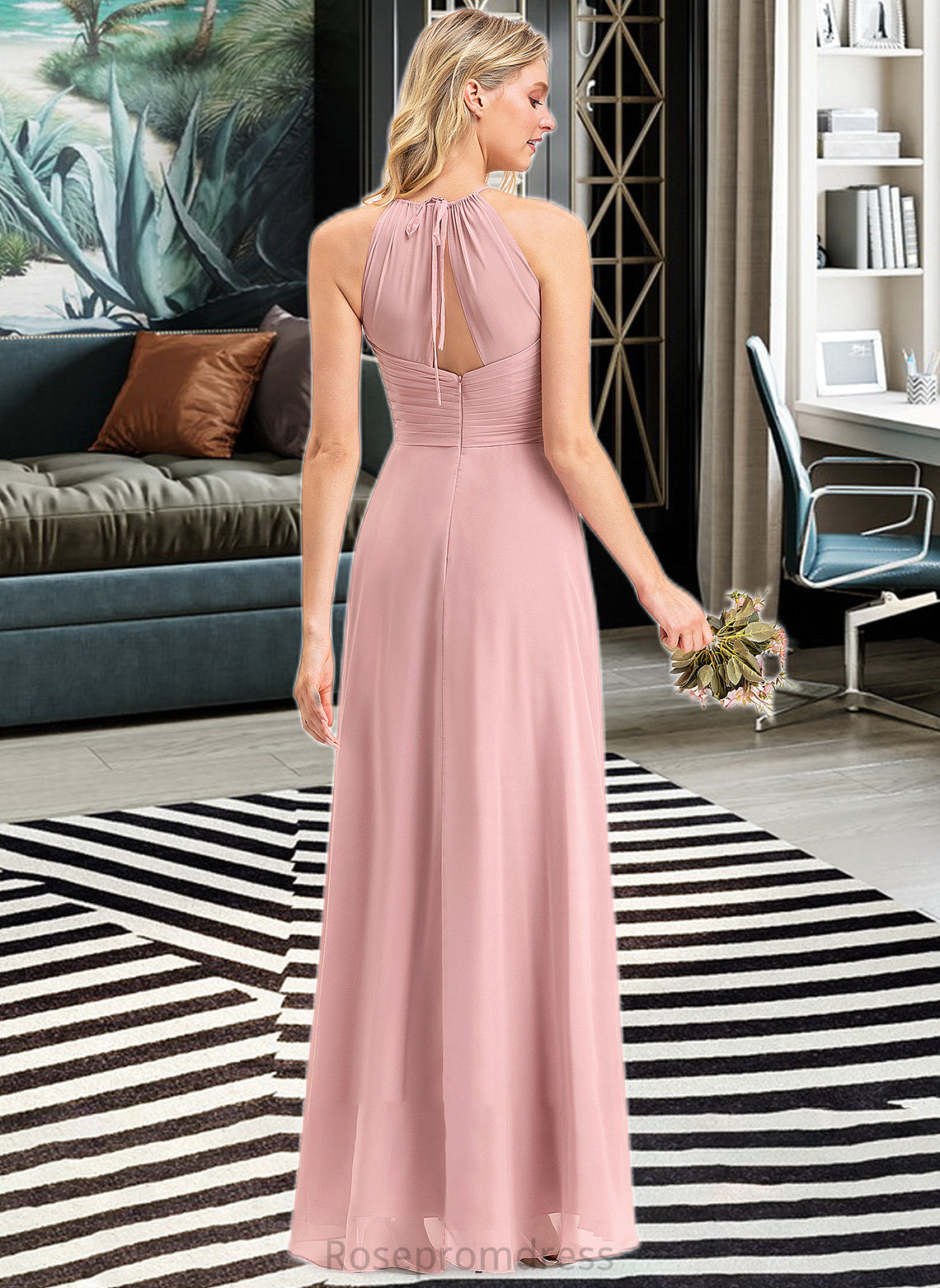 Ruby A-Line Scoop Neck Floor-Length Chiffon Bridesmaid Dress With Bow(s) Cascading Ruffles SRSP0013033