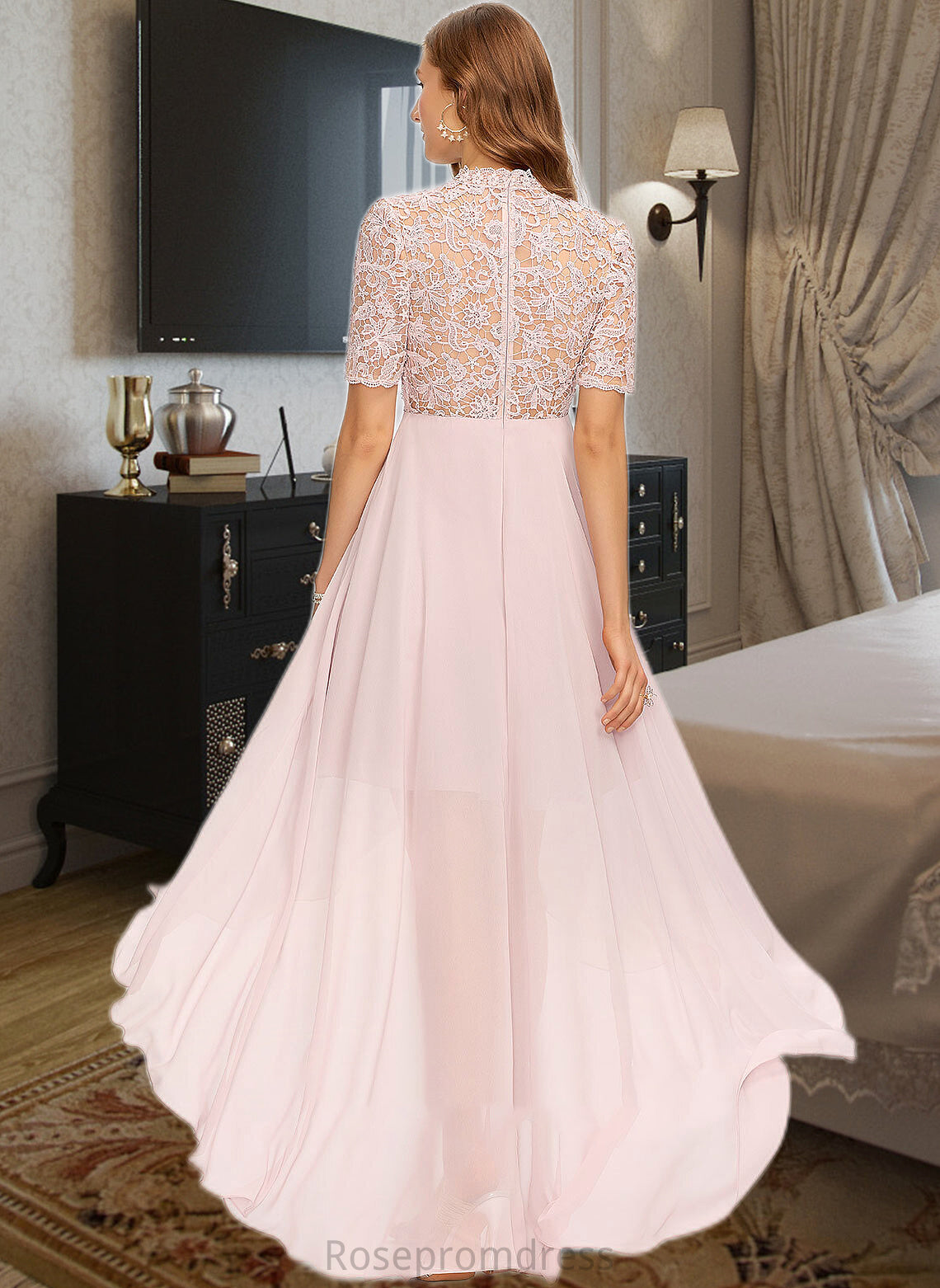 Frederica A-Line High Neck Asymmetrical Chiffon Bridesmaid Dress SRSP0013037