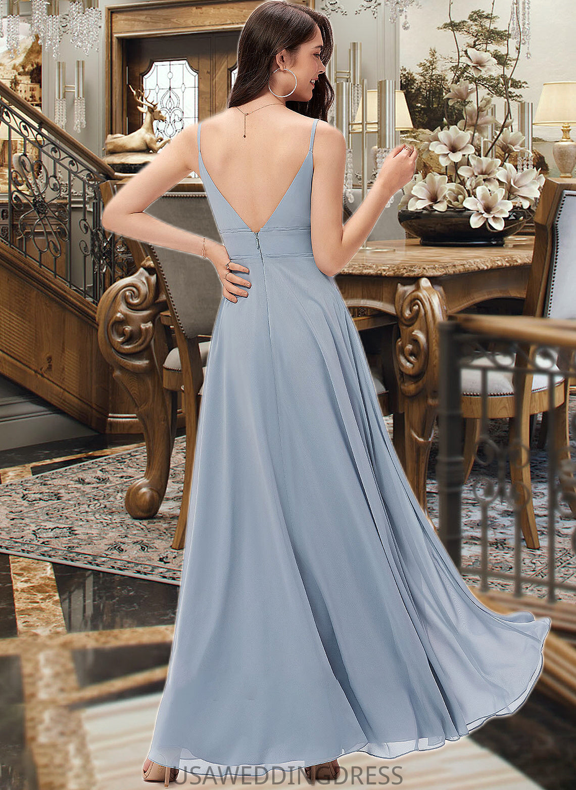 Janiah A-line V-Neck Floor-Length Chiffon Bridesmaid Dress DSP0013043