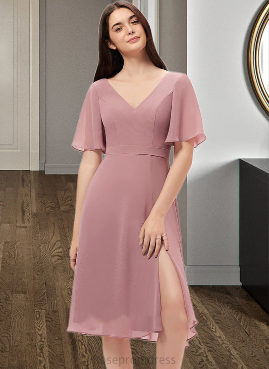 Nyla A-Line V-neck Knee-Length Chiffon Bridesmaid Dress With Split Front SRSP0013044
