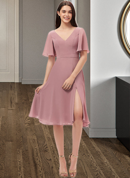 Nyla A-Line V-neck Knee-Length Chiffon Bridesmaid Dress With Split Front SRSP0013044