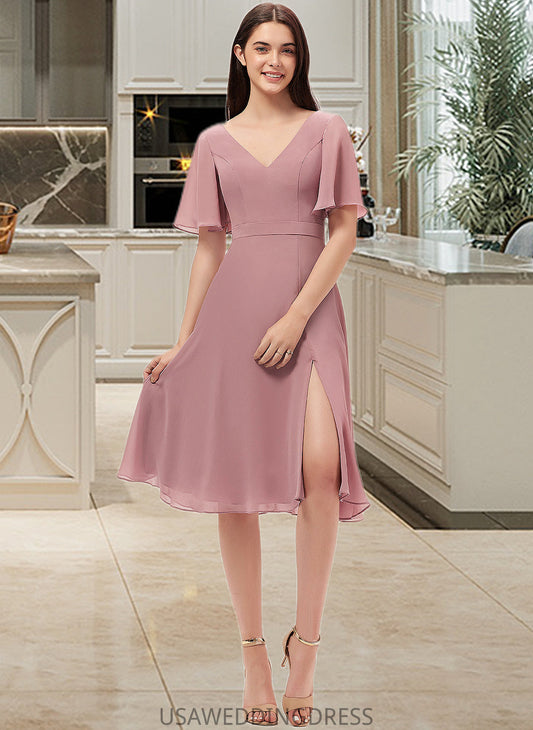 Audrina A-Line V-neck Knee-Length Chiffon Bridesmaid Dress With Split Front DSP0013044