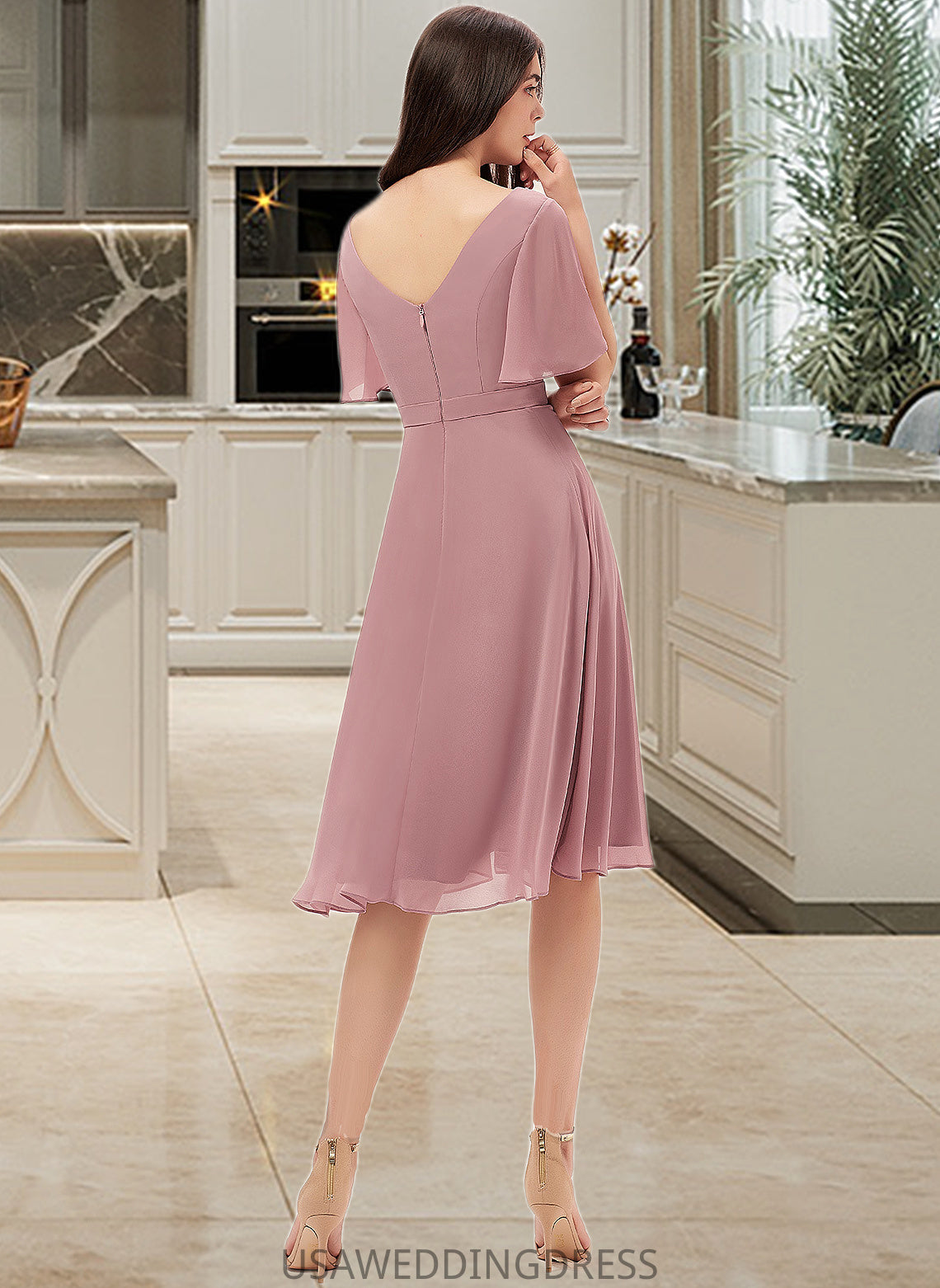 Audrina A-Line V-neck Knee-Length Chiffon Bridesmaid Dress With Split Front DSP0013044