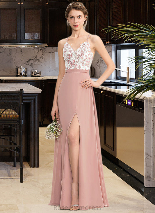 Sylvia A-Line V-neck Floor-Length Chiffon Lace Bridesmaid Dress With Split Front SRSP0013045