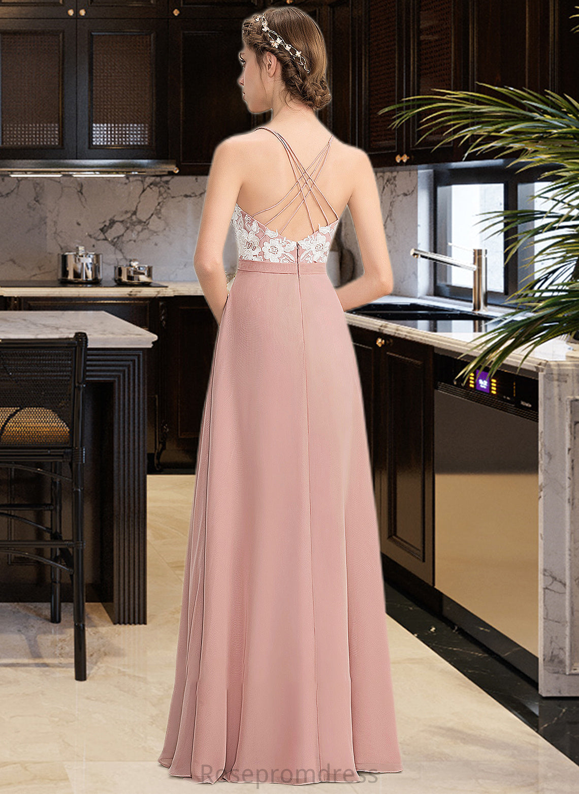 Sylvia A-Line V-neck Floor-Length Chiffon Lace Bridesmaid Dress With Split Front SRSP0013045