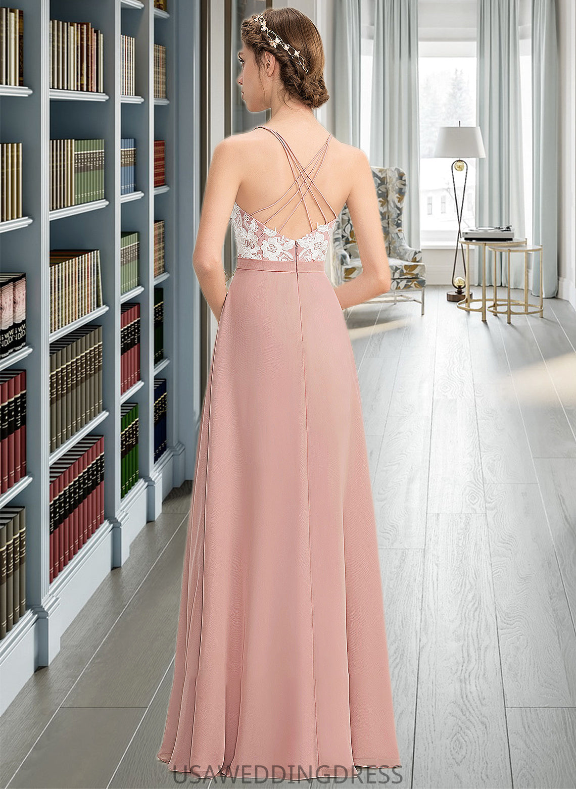 Isabelle A-Line V-neck Floor-Length Chiffon Lace Bridesmaid Dress With Split Front DSP0013045