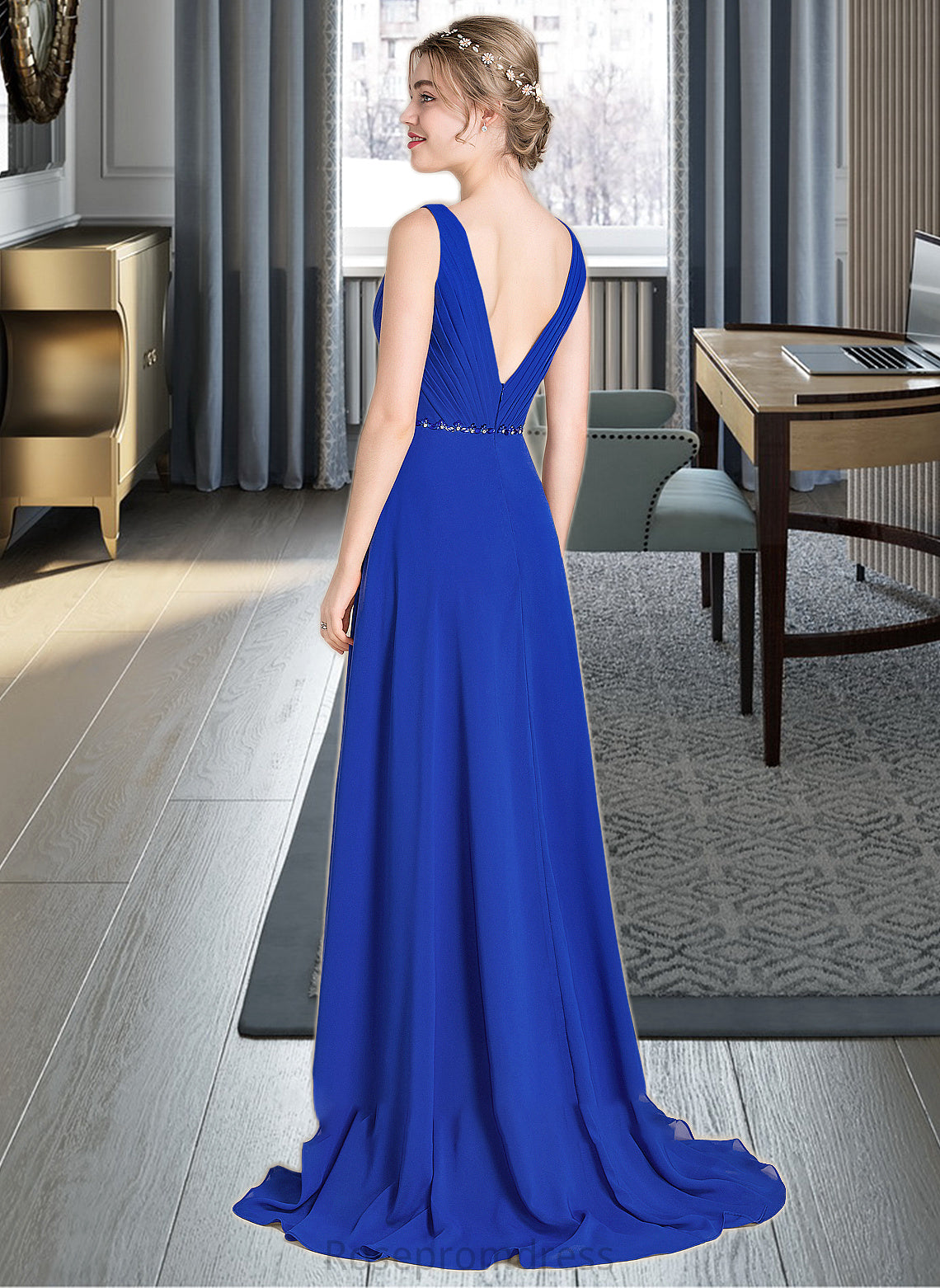 Kianna A-Line V-neck Asymmetrical Chiffon Bridesmaid Dress With Ruffle Beading Sequins SRSP0013047