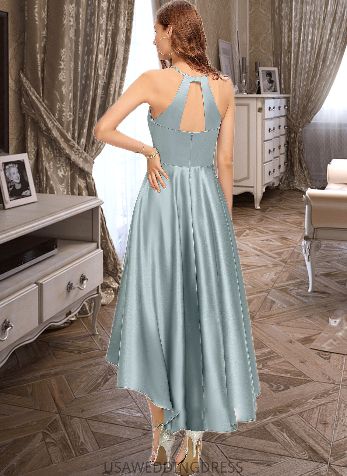 Leia A-Line Scoop Neck Asymmetrical Satin Bridesmaid Dress With Pockets DSP0013050