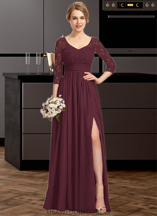 Mariela A-Line V-neck Floor-Length Chiffon Lace Bridesmaid Dress With Ruffle Split Front DSP0013051