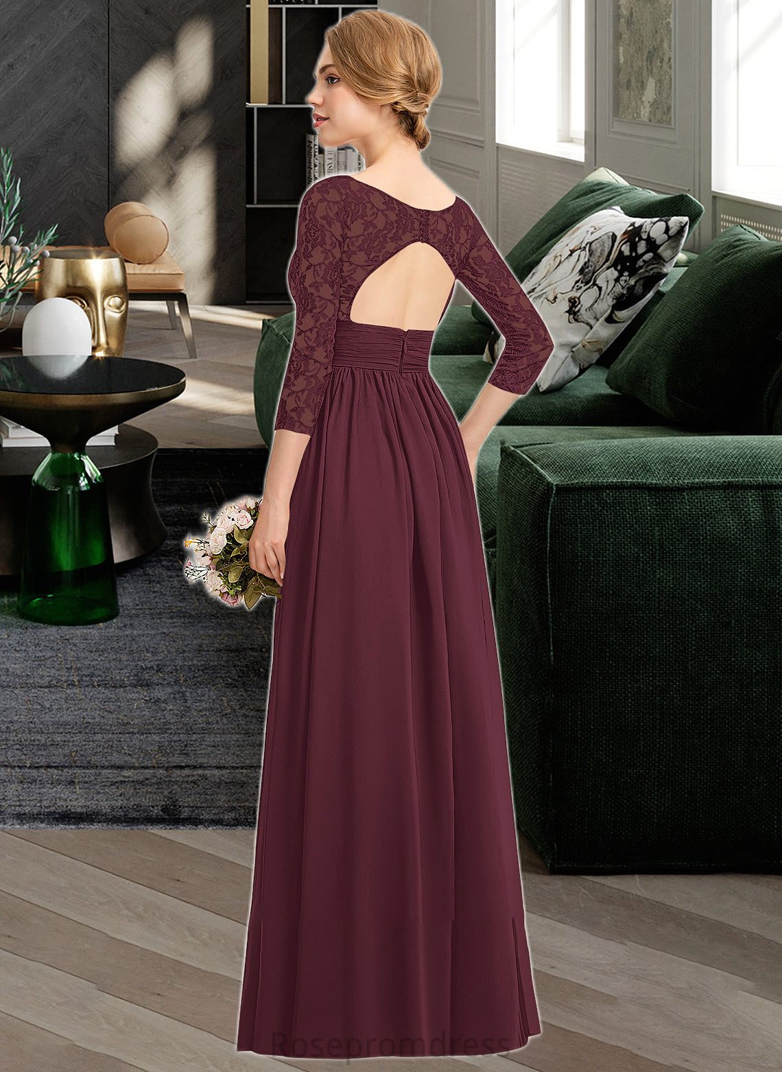 Kinley A-Line V-neck Floor-Length Chiffon Lace Bridesmaid Dress With Ruffle Split Front SRSP0013051