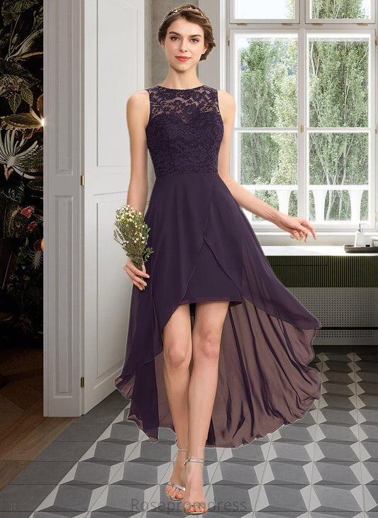 Saniya A-Line Scoop Neck Asymmetrical Chiffon Lace Bridesmaid Dress SRSP0013052