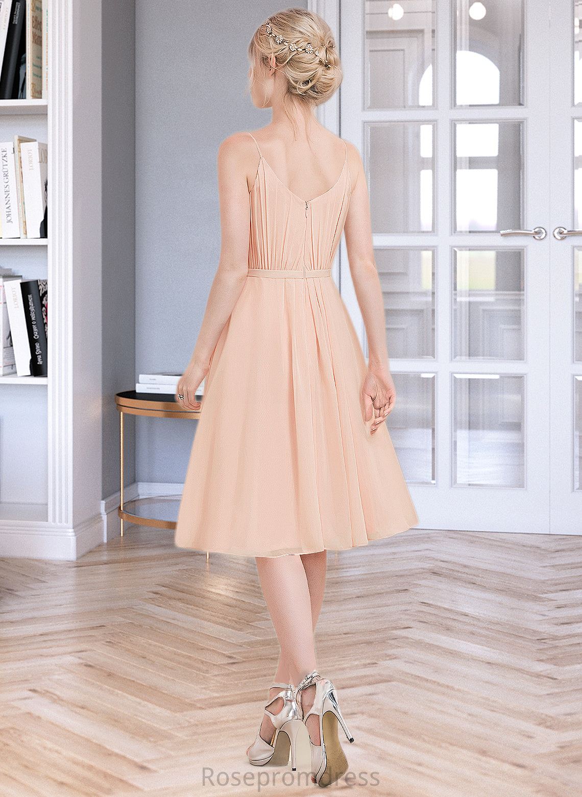 Hedda A-line V-Neck Knee-Length Chiffon Bridesmaid Dress With Ruffle SRSP0013053