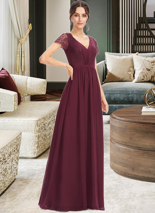 Taryn A-Line V-neck Floor-Length Bridesmaid Dress With Lace SRSP0013056