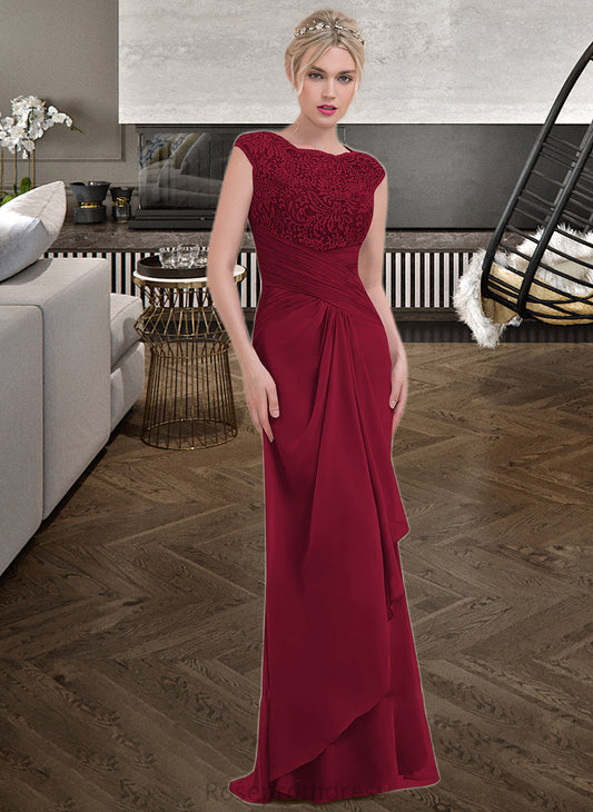 Ruby Sheath/Column Scoop Neck Floor-Length Chiffon Lace Bridesmaid Dress With Cascading Ruffles SRSP0013057