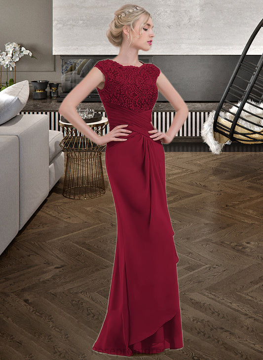 Ruby Sheath/Column Scoop Neck Floor-Length Chiffon Lace Bridesmaid Dress With Cascading Ruffles SRSP0013057