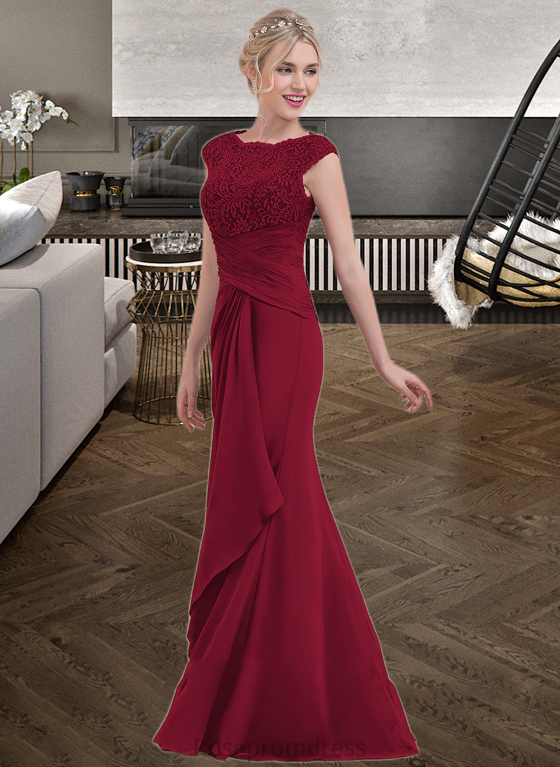 Ruby Sheath/Column Scoop Neck Floor-Length Chiffon Lace Bridesmaid Dress With Cascading Ruffles SRSP0013057