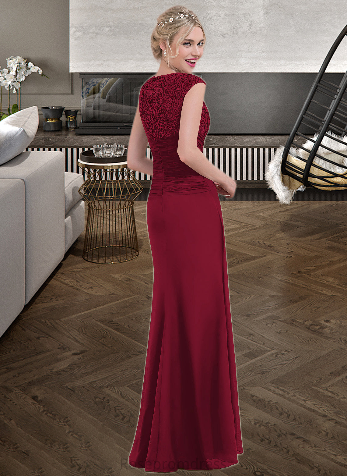 Ruby Sheath/Column Scoop Neck Floor-Length Chiffon Lace Bridesmaid Dress With Cascading Ruffles SRSP0013057