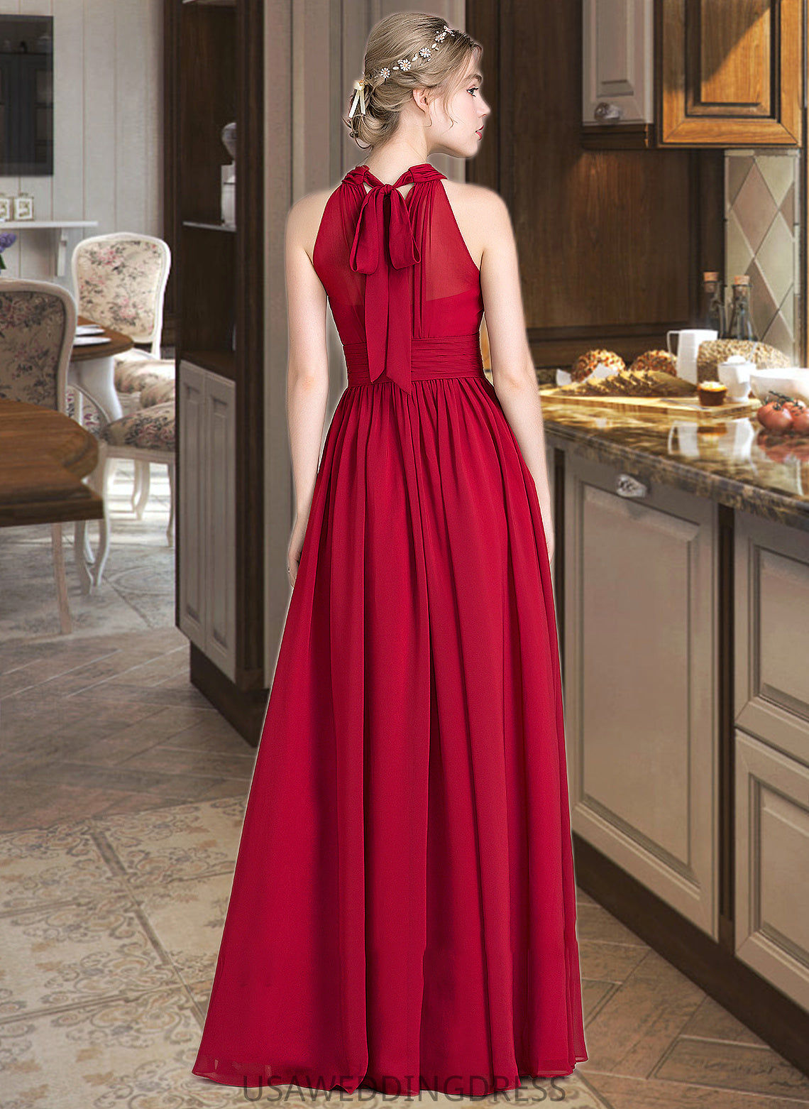 Miriam A-Line Scoop Neck Floor-Length Chiffon Bridesmaid Dress With Ruffle Bow(s) Split Front DSP0013058