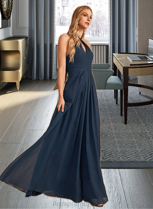 Raquel A-Line Halter Floor-Length Bridesmaid Dress With Ruffle SRSP0013059