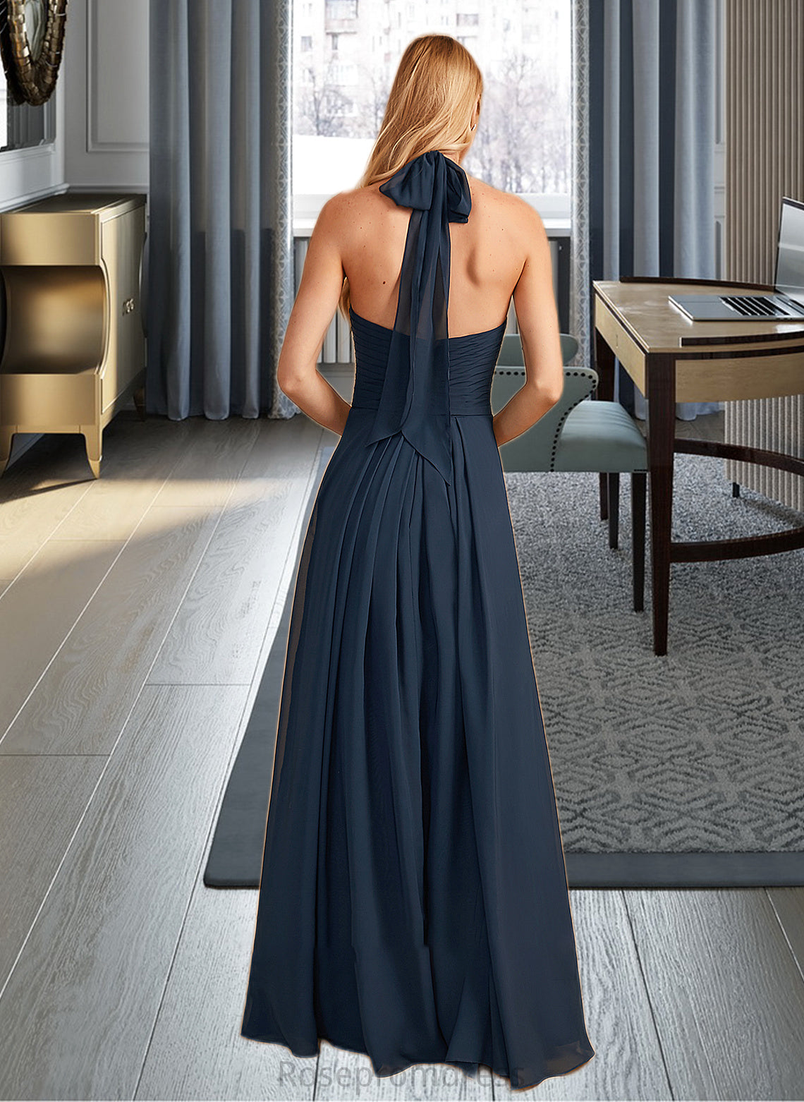 Raquel A-Line Halter Floor-Length Bridesmaid Dress With Ruffle SRSP0013059