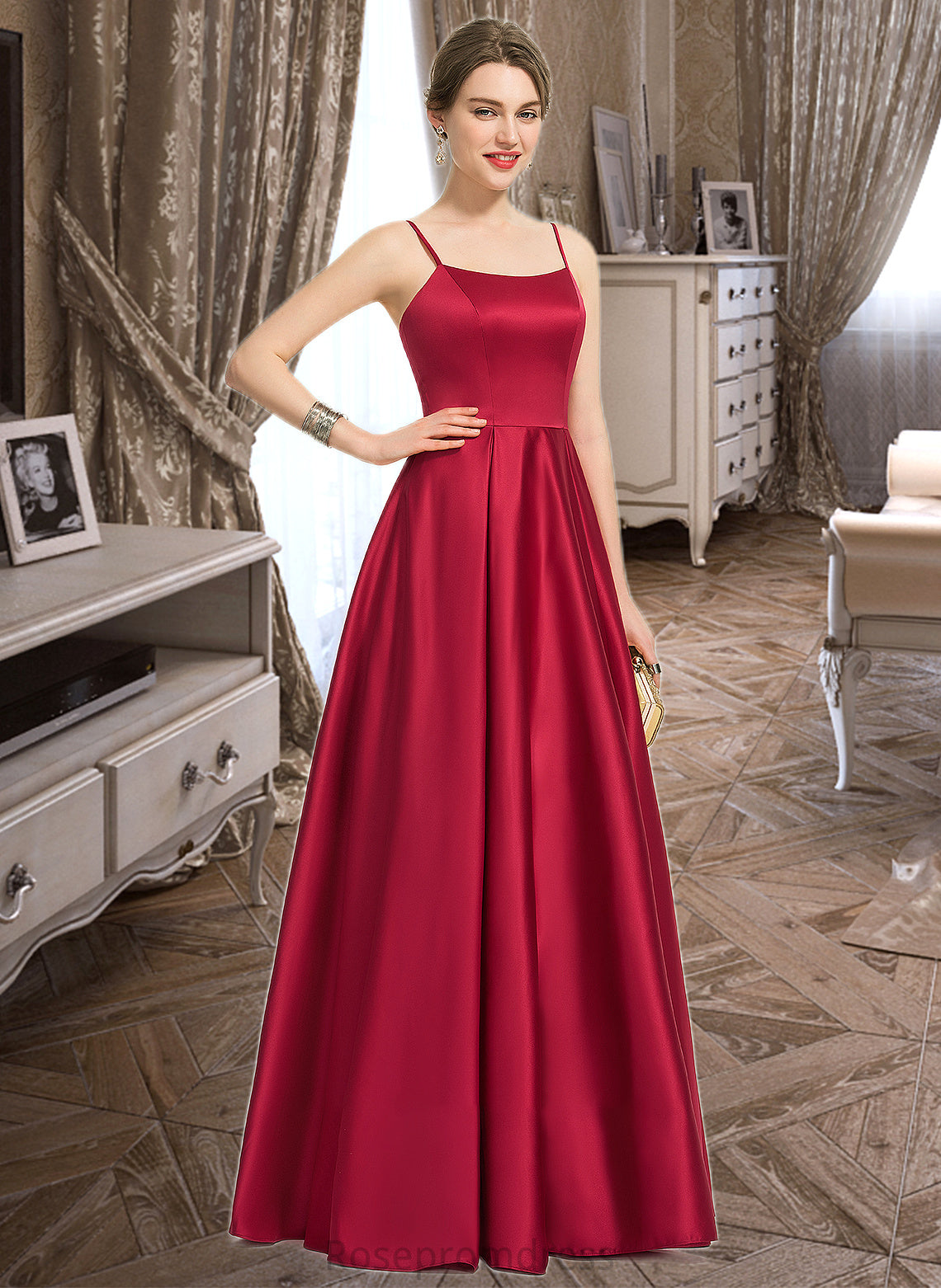 Minnie A-Line Square Neckline Floor-Length Satin Bridesmaid Dress SRSP0013060