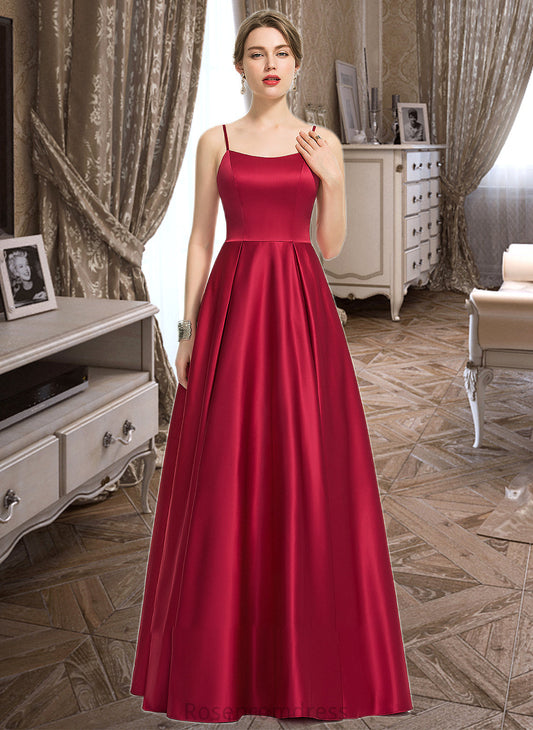 Minnie A-Line Square Neckline Floor-Length Satin Bridesmaid Dress SRSP0013060