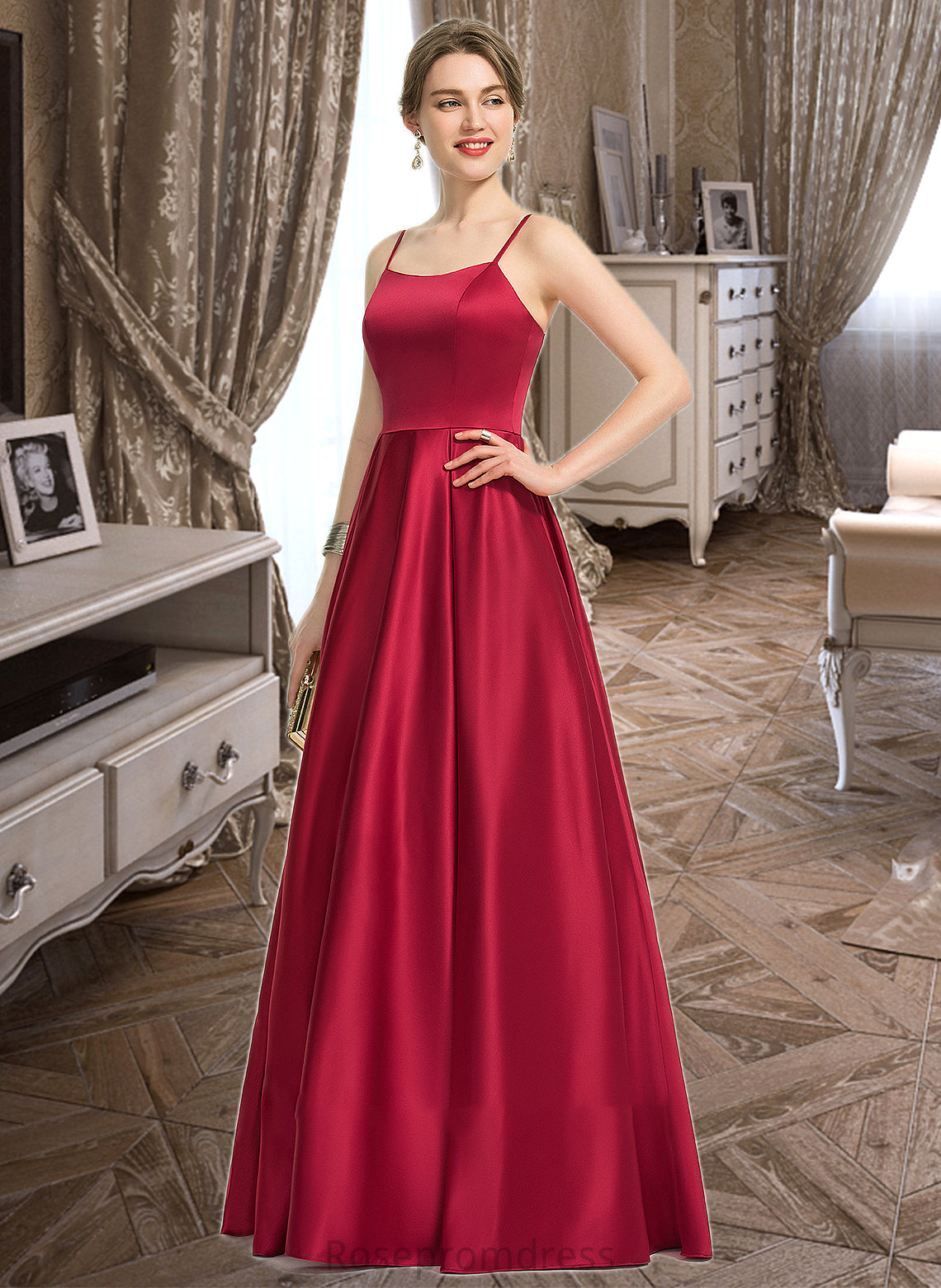 Minnie A-Line Square Neckline Floor-Length Satin Bridesmaid Dress SRSP0013060