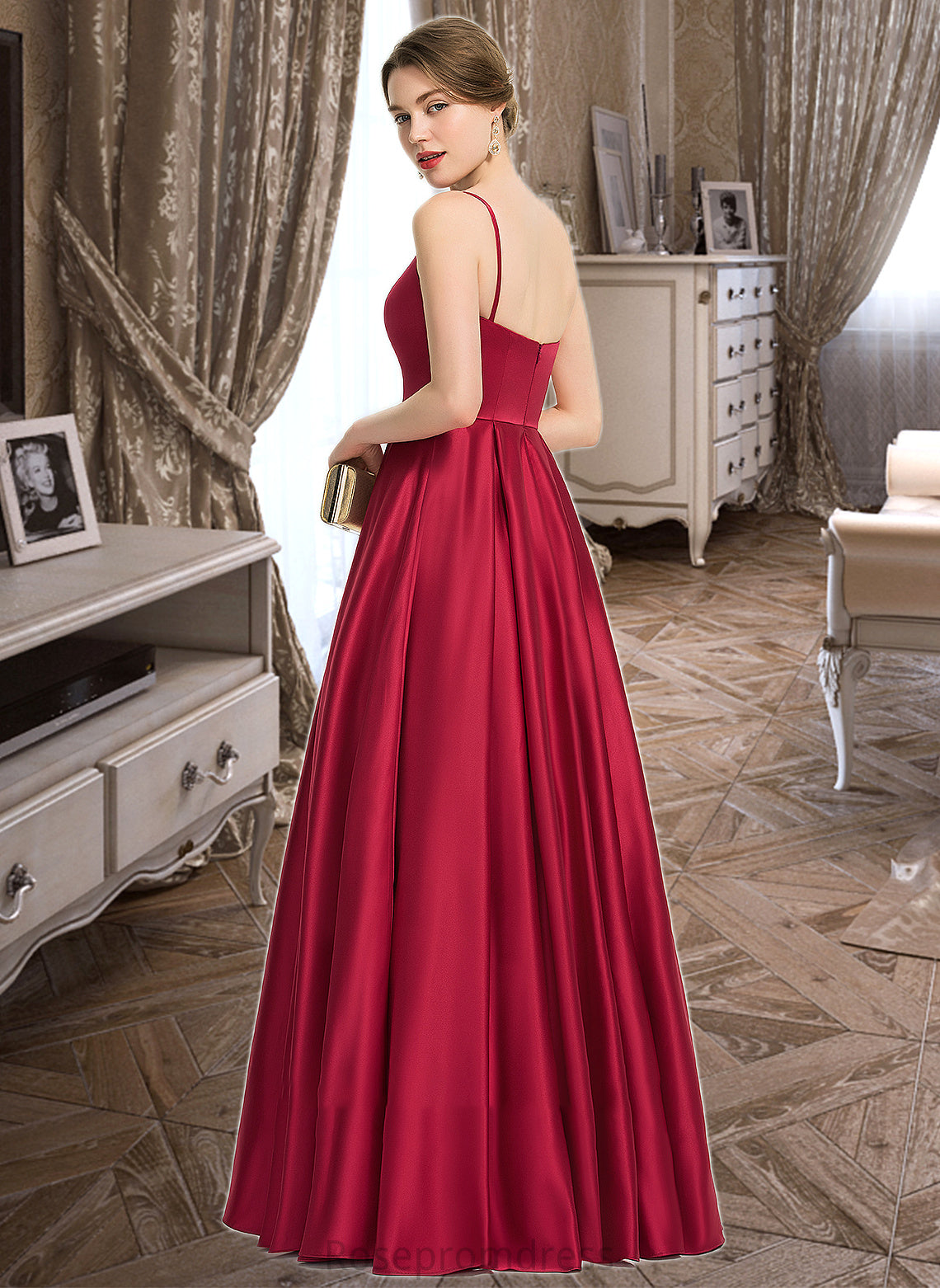 Minnie A-Line Square Neckline Floor-Length Satin Bridesmaid Dress SRSP0013060