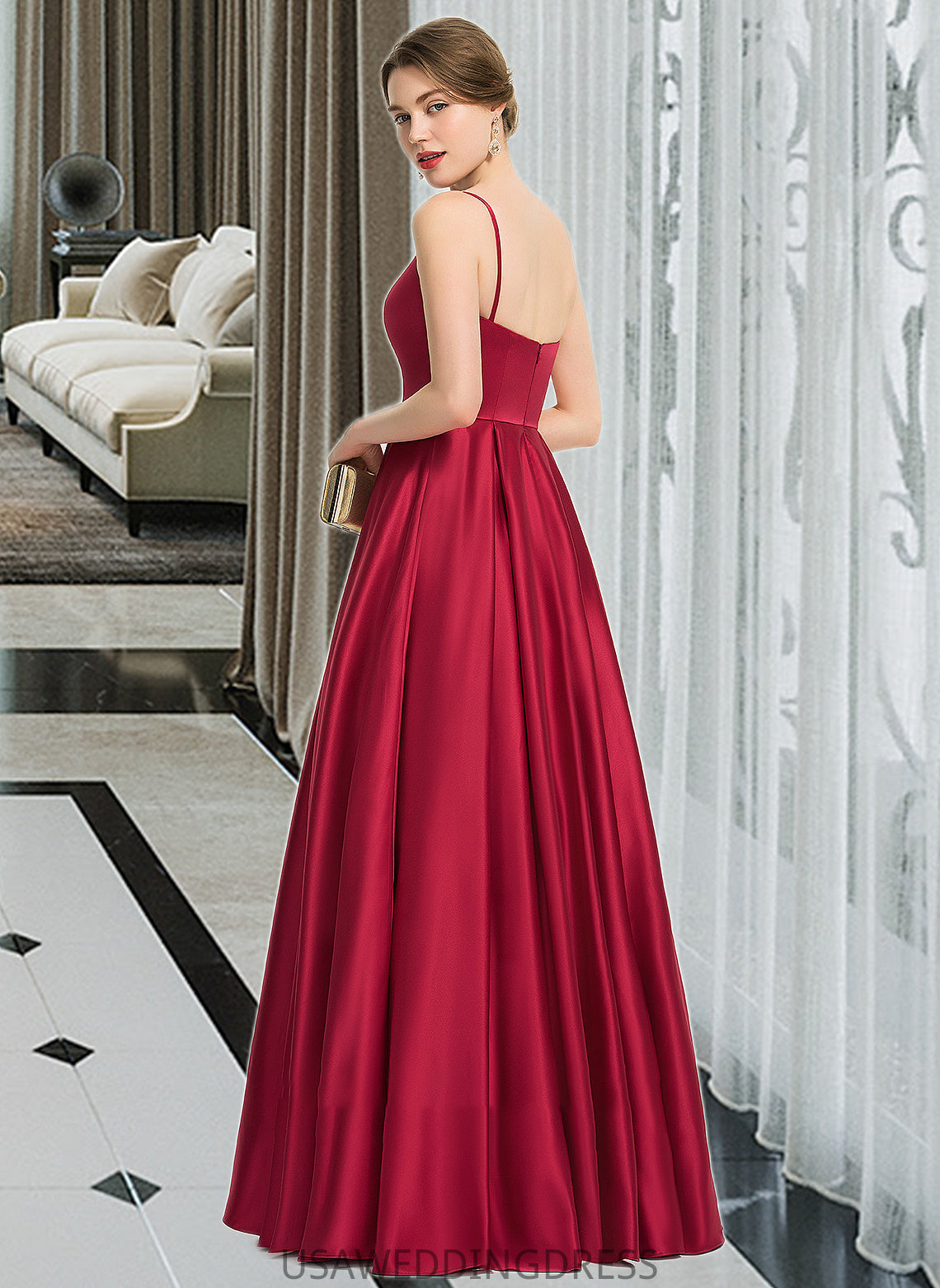 Rachael A-Line Square Neckline Floor-Length Satin Bridesmaid Dress DSP0013060