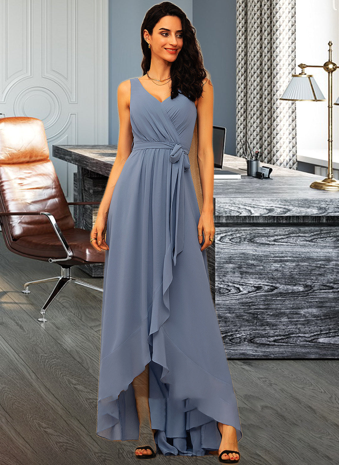 Carleigh A-LineV-neckAsymmetricalChiffonBridesmaidDressWithRuffleBow(s)#251387 SRSP0013061