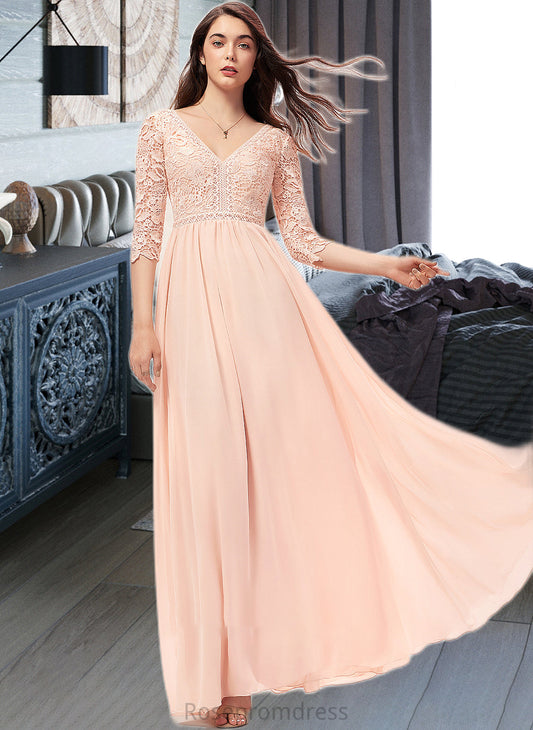 Quinn A-line V-Neck Floor-Length Chiffon Lace Bridesmaid Dress SRSP0013062