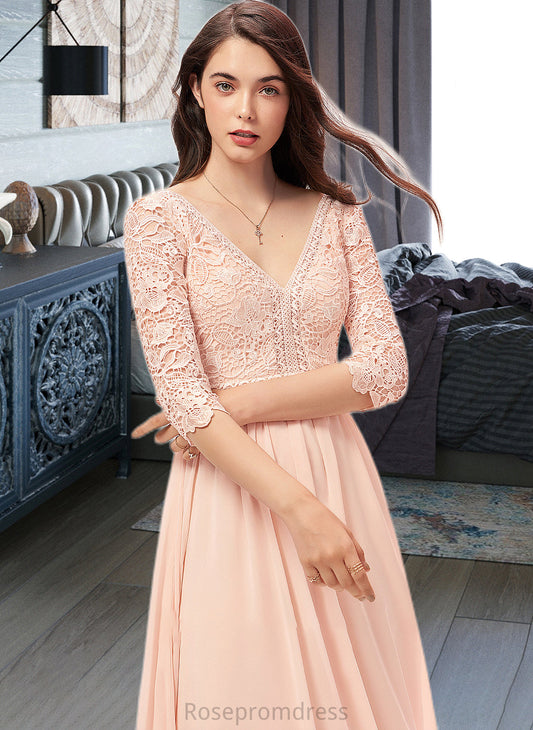 Quinn A-line V-Neck Floor-Length Chiffon Lace Bridesmaid Dress SRSP0013062