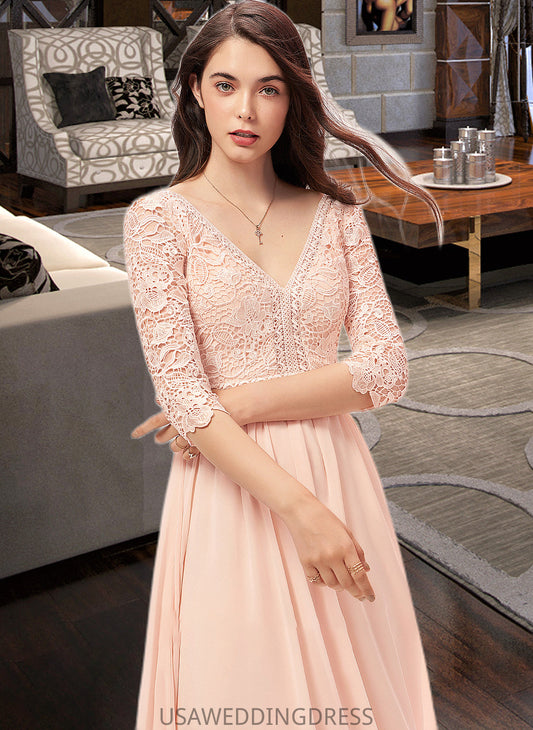Moira A-line V-Neck Floor-Length Chiffon Lace Bridesmaid Dress DSP0013062