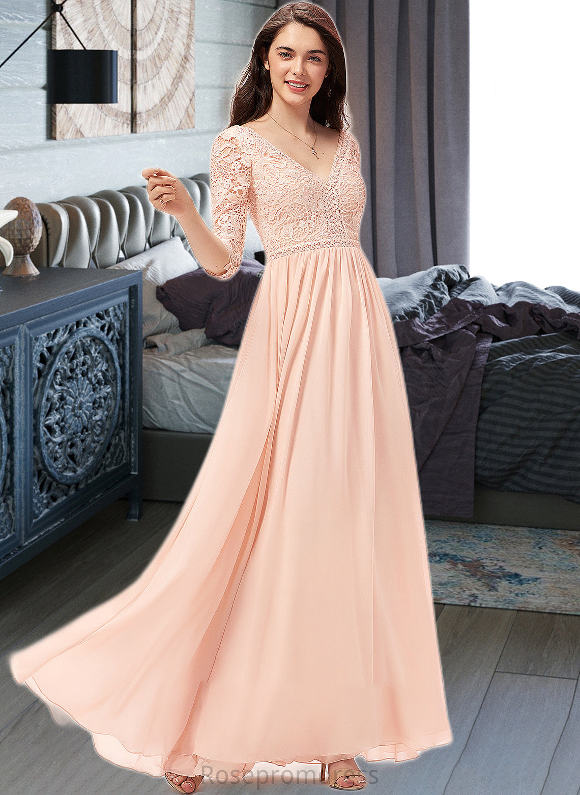 Quinn A-line V-Neck Floor-Length Chiffon Lace Bridesmaid Dress SRSP0013062