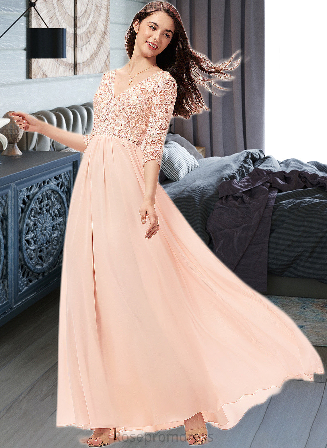 Quinn A-line V-Neck Floor-Length Chiffon Lace Bridesmaid Dress SRSP0013062