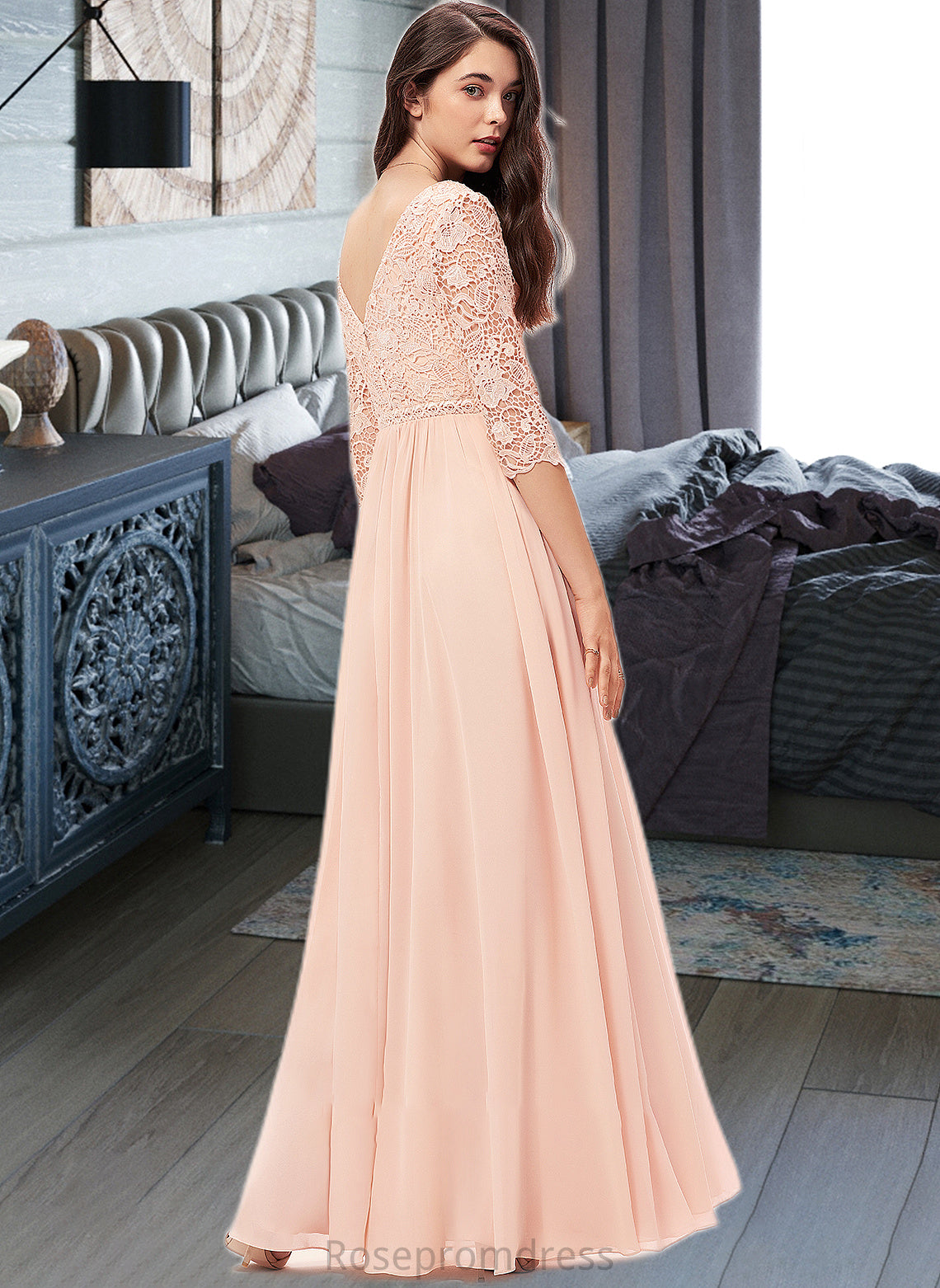 Quinn A-line V-Neck Floor-Length Chiffon Lace Bridesmaid Dress SRSP0013062