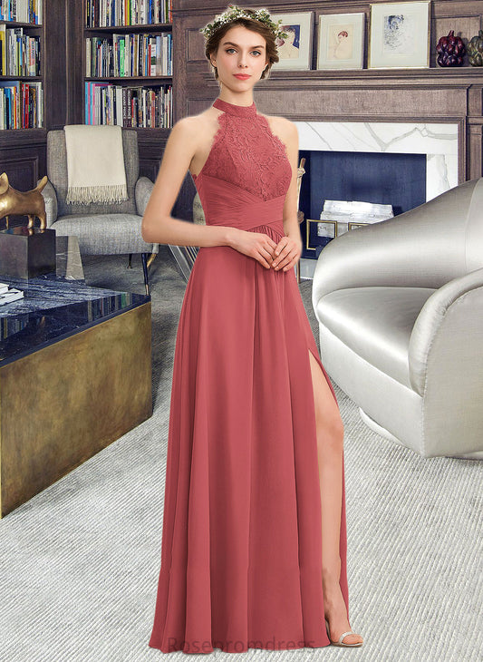 Isabel A-Line High Neck Floor-Length Chiffon Lace Bridesmaid Dress With Ruffle Split Front SRSP0013065