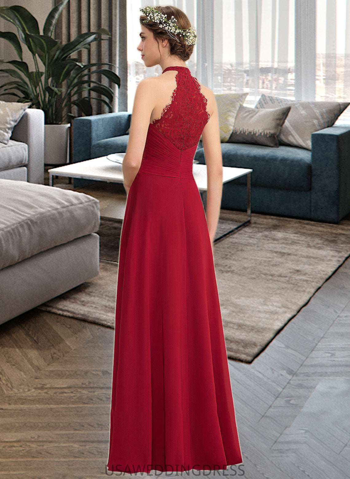 Imani A-Line High Neck Floor-Length Chiffon Lace Bridesmaid Dress With Ruffle Split Front DSP0013065
