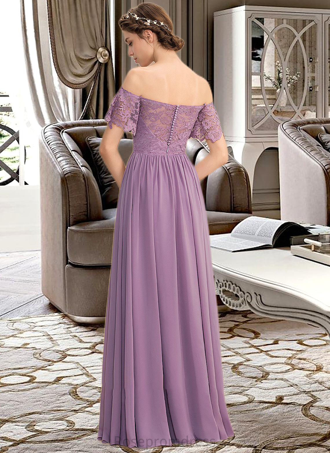 Elyse A-Line Off-the-Shoulder Floor-Length Chiffon Lace Bridesmaid Dress With Split Front SRSP0013066