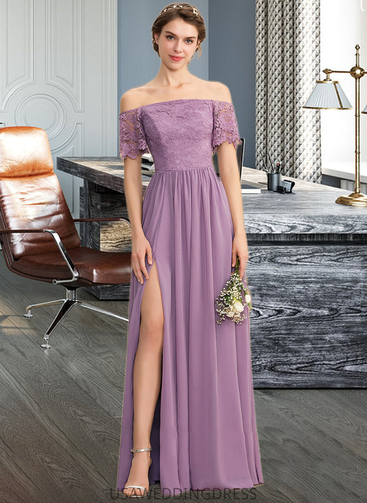 Kennedi A-Line Off-the-Shoulder Floor-Length Chiffon Lace Bridesmaid Dress With Split Front DSP0013066