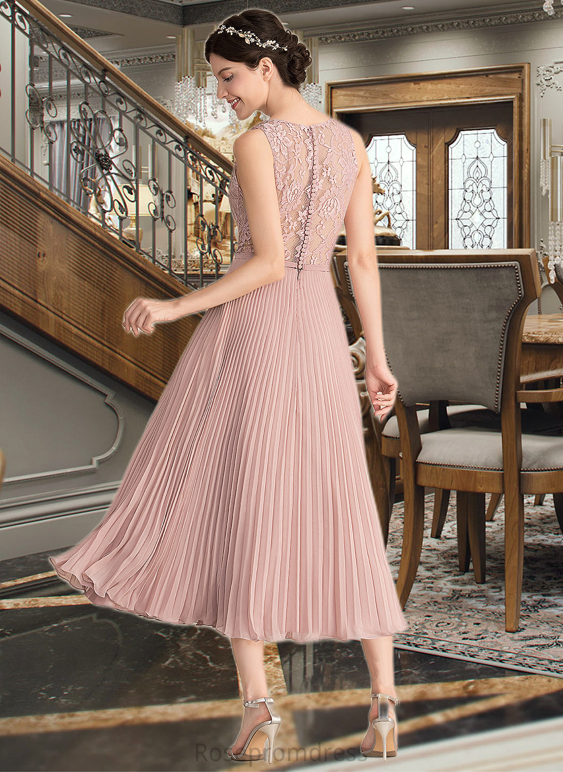 Elva A-Line V-neck Tea-Length Chiffon Lace Bridesmaid Dress With Pleated SRSP0013067