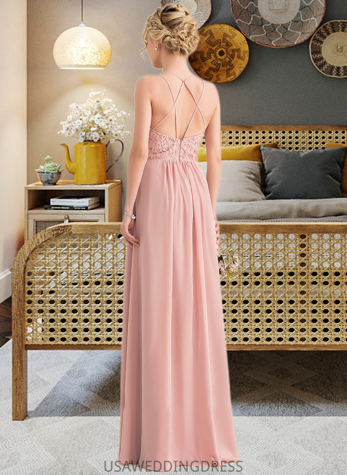Aylin A-Line Sweetheart Floor-Length Chiffon Lace Bridesmaid Dress With Split Front DSP0013068